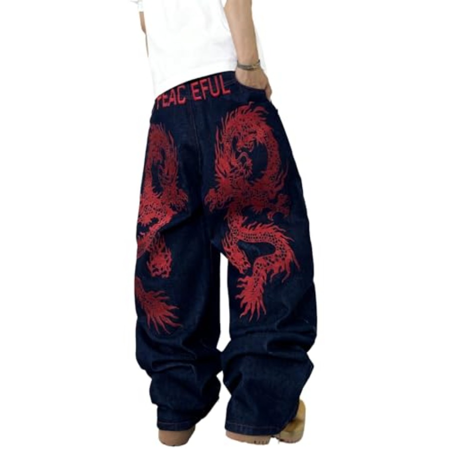 Summer Clothing Shops - Mens Baggy Jeans Embroidery Pattern Denim