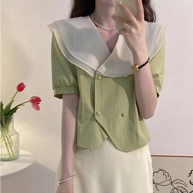 Summer Clothing Layering - Contrast Patchwork Button Ruffles Sweet Shirt